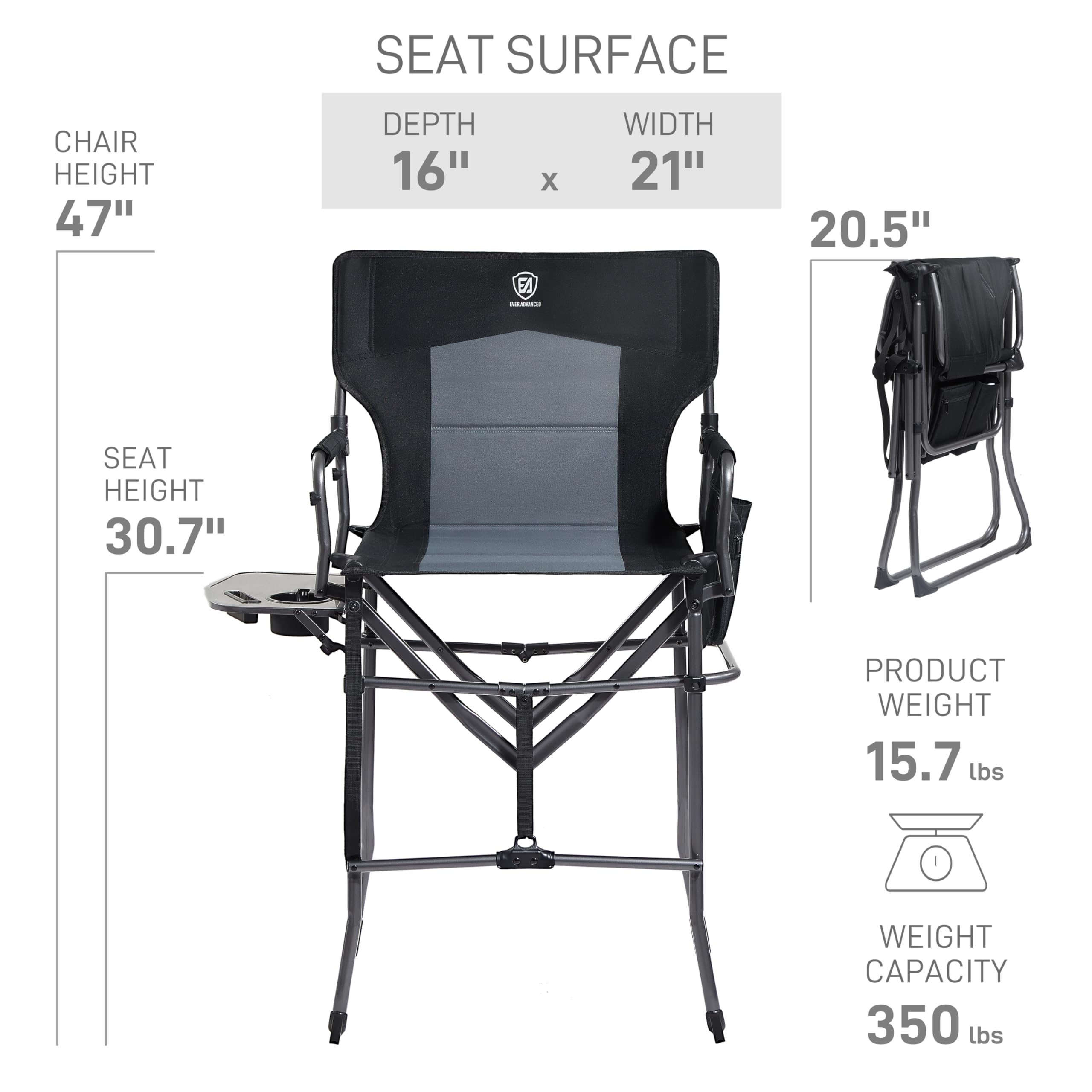 EVER ADVANCED portable tall chair shown in travel-ready fold