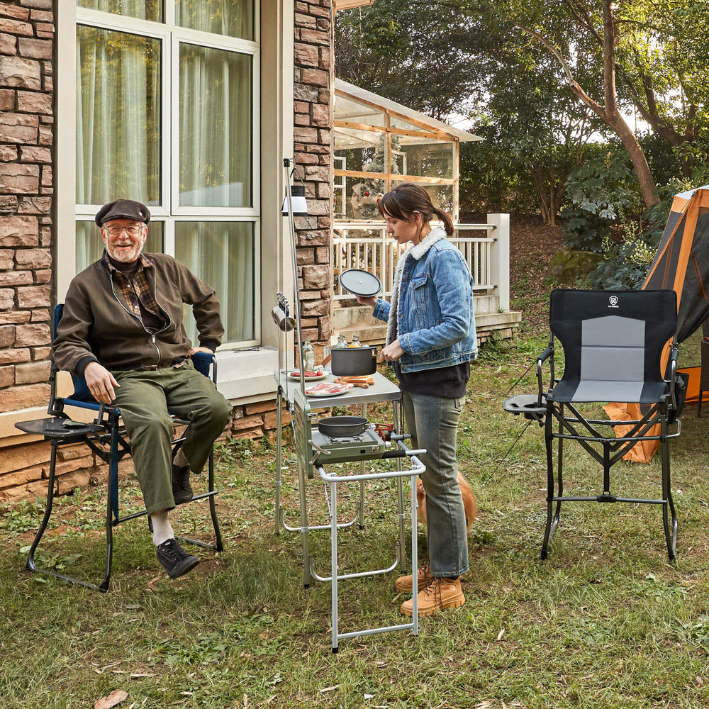 Ever Advanced directors chair with side table showing built-in cup holder for on-the-go meals.