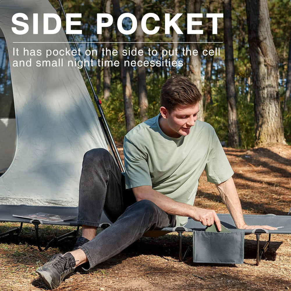 Ever Advanced cot with side pocket for easy access to essentials.