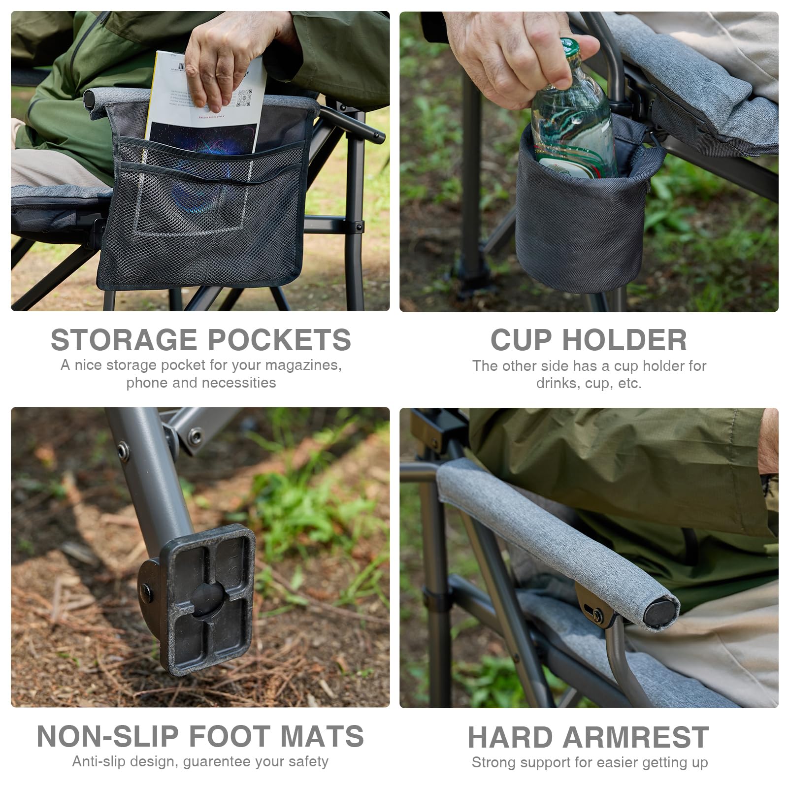 EVER ADVANCED folding chair in-use shows oversized dimensions for full-range movement
