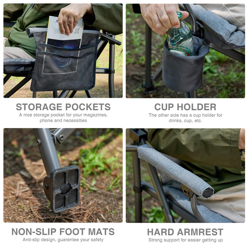 EVER ADVANCED folding chair in-use shows oversized dimensions for full-range movement