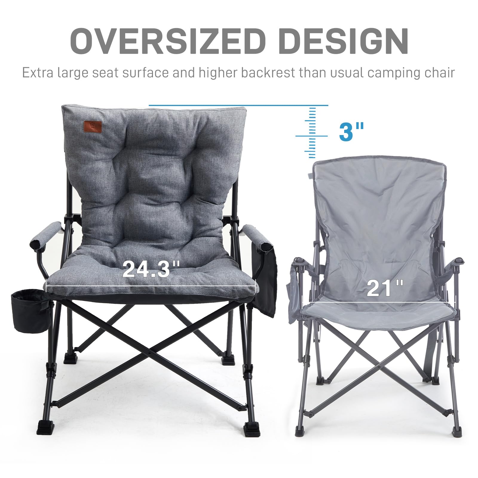 EVER ADVANCED folding chair swivel-cup-holder demonstrates convenient beverage reach during camping