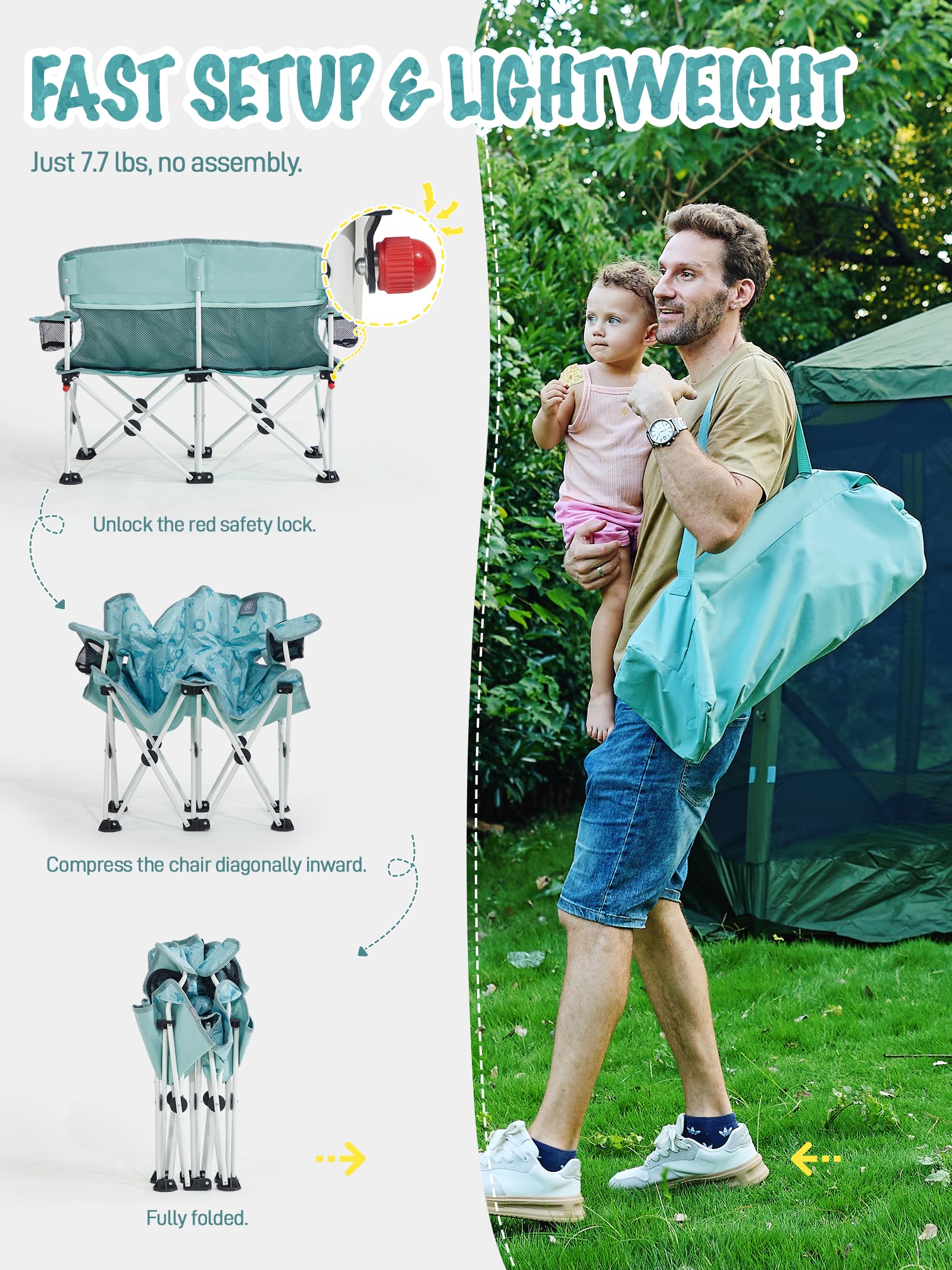 ever advanced kids double camping chair folded to compact 28 x 8.3 x 12.2 inches with carry bag