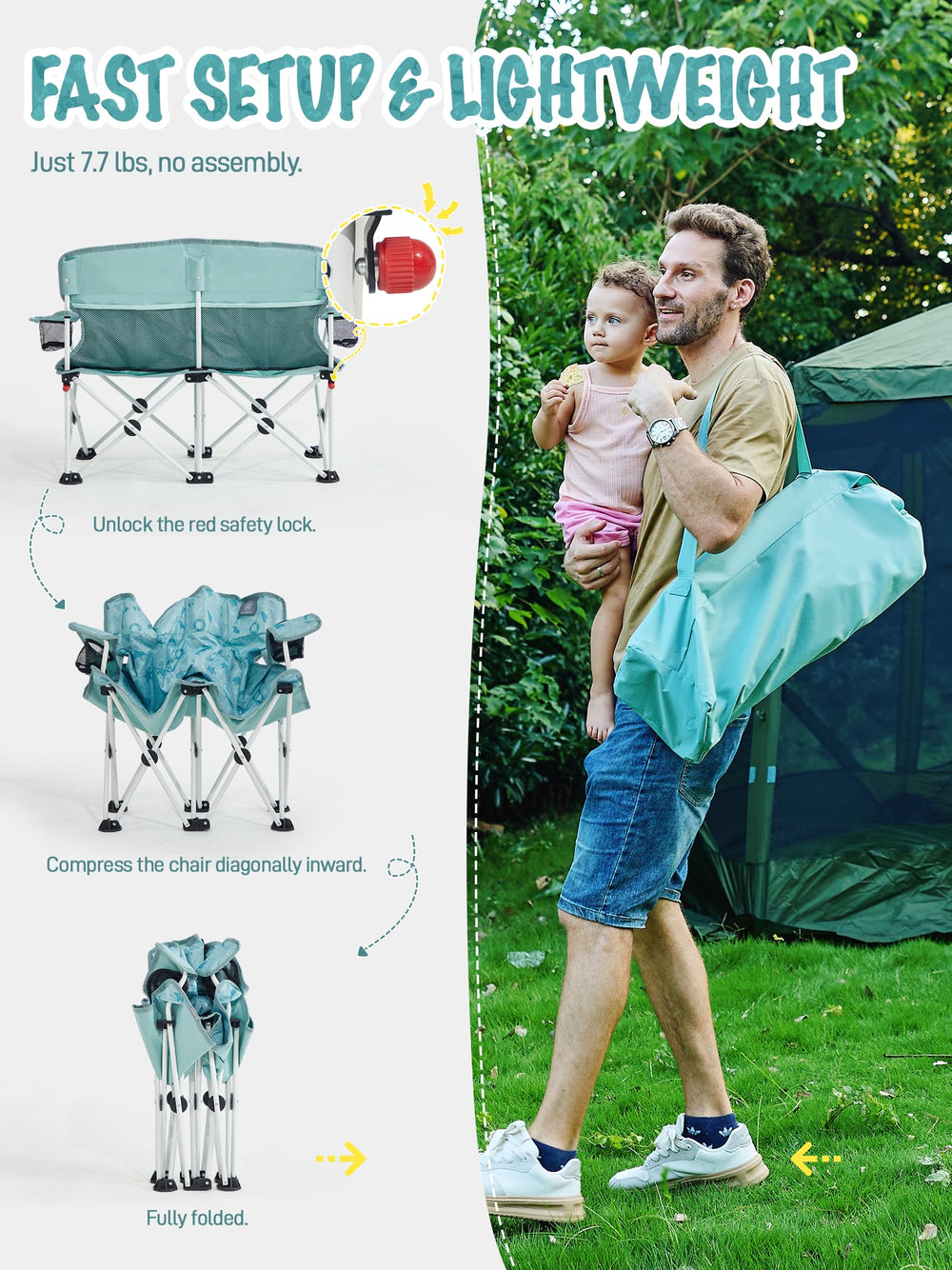 ever advanced kids double camping chair folded to compact 28 x 8.3 x 12.2 inches with carry bag