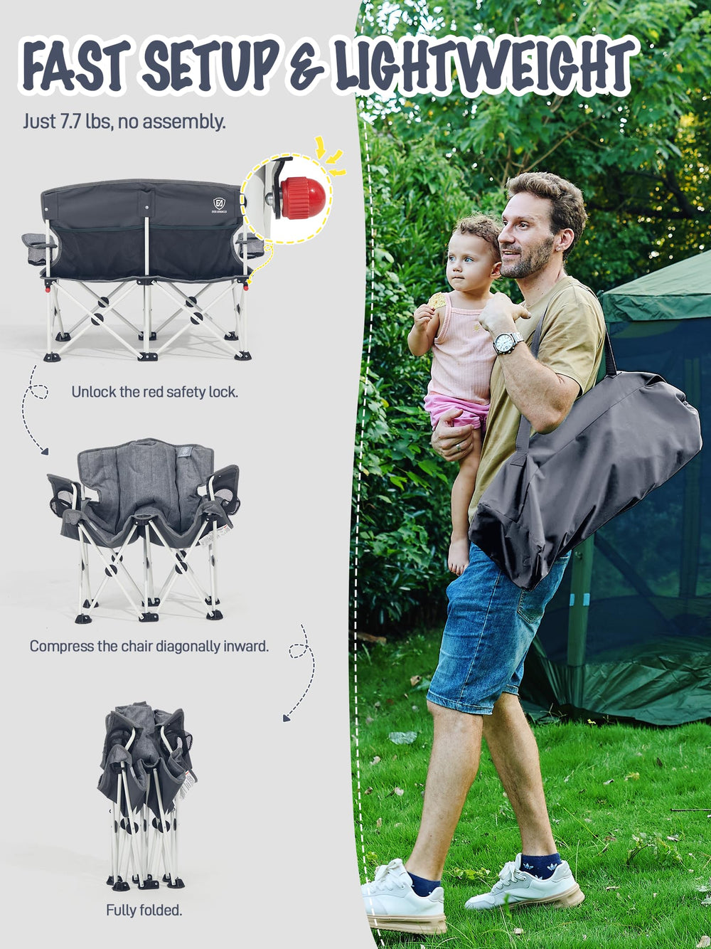 Ever Advanced Kids Double Chair portable fold design fits in car trunks
