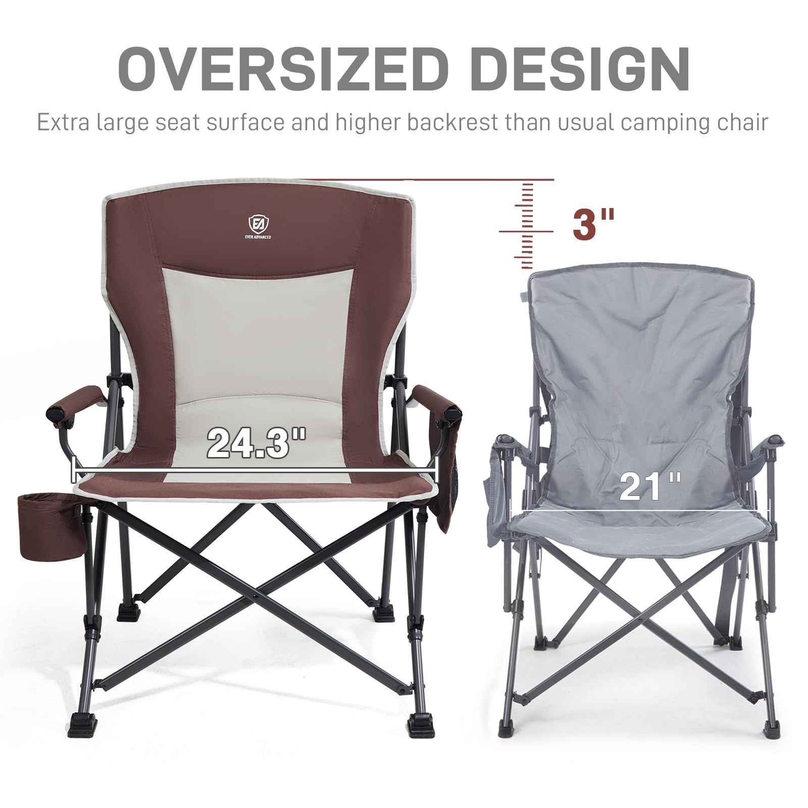 EVER ADVANCED oversized folding camping chair armrests enhance easy standing and ergonomic comfort.