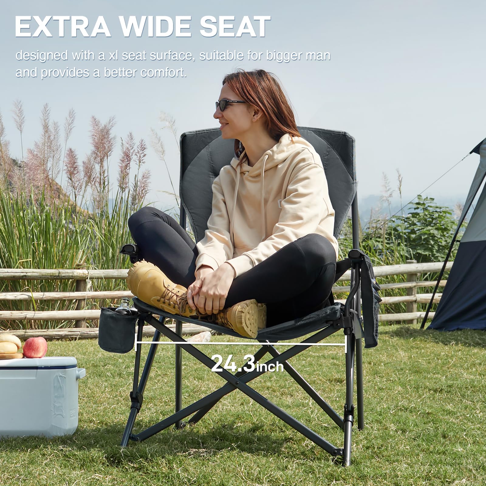 EVER ADVANCED Oversized Folding Camping Chair pocket-cup captures convenient storage and sip while seated.