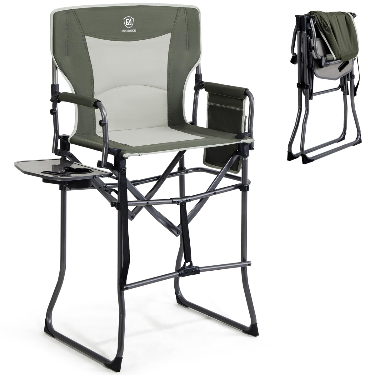 Ever Advanced portable chair with 30.7-inch tall seat and side table for easy set-up.