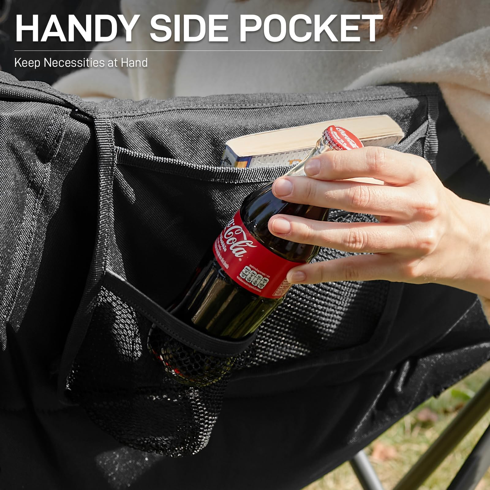 EVER ADVANCED two-person chair side pocket keeps essentials within reach during picnics.