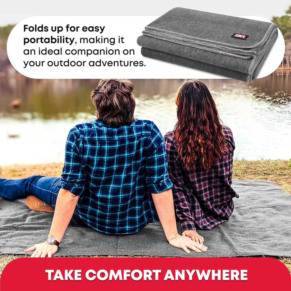 Ever Ready First Aid military wool blanket on camping bed, provides warmth