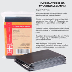 Ever Ready First Aid Mylar blanket unfolded to 54 by 84 inches for wide coverage.