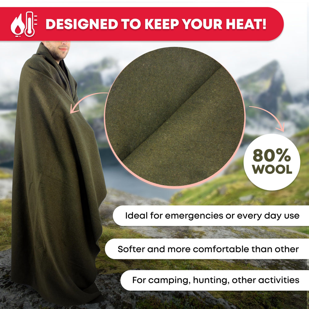 Ever Ready First Aid olive drab blanket in camping scene for warmth.