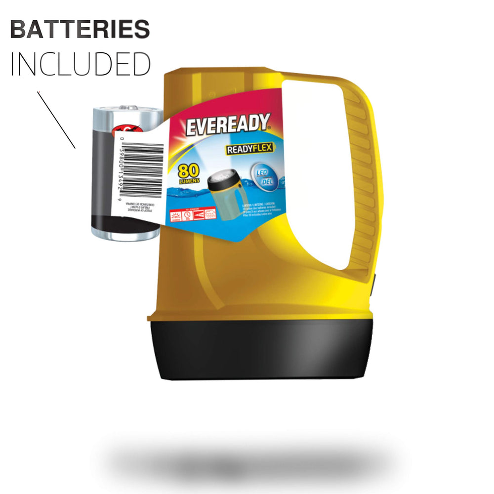 Eveready bright LED lantern provides clear light for outdoor adventures.