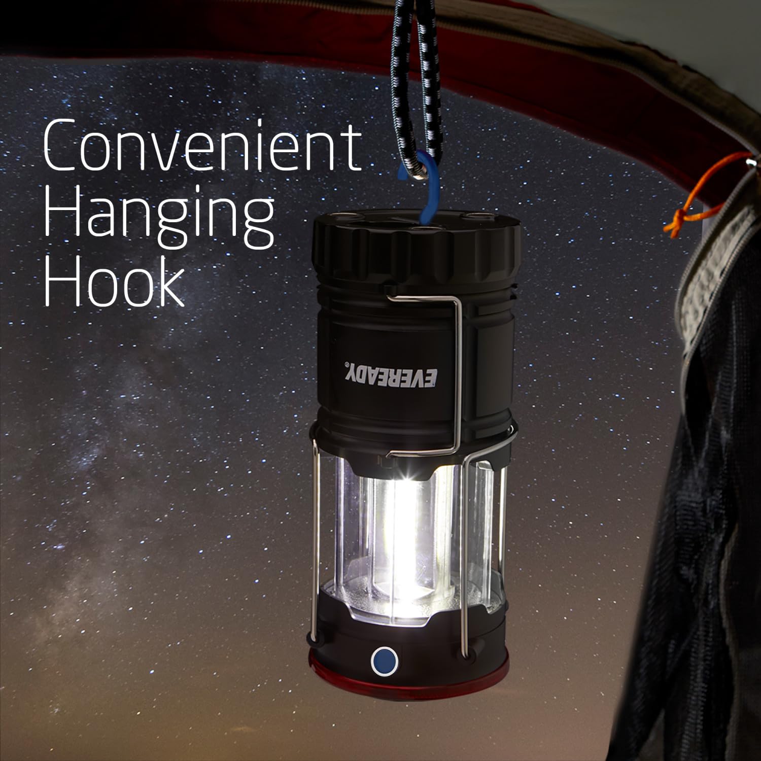 Eveready collapsible lantern projects a wide beam up to 85 meters for outdoor lighting.