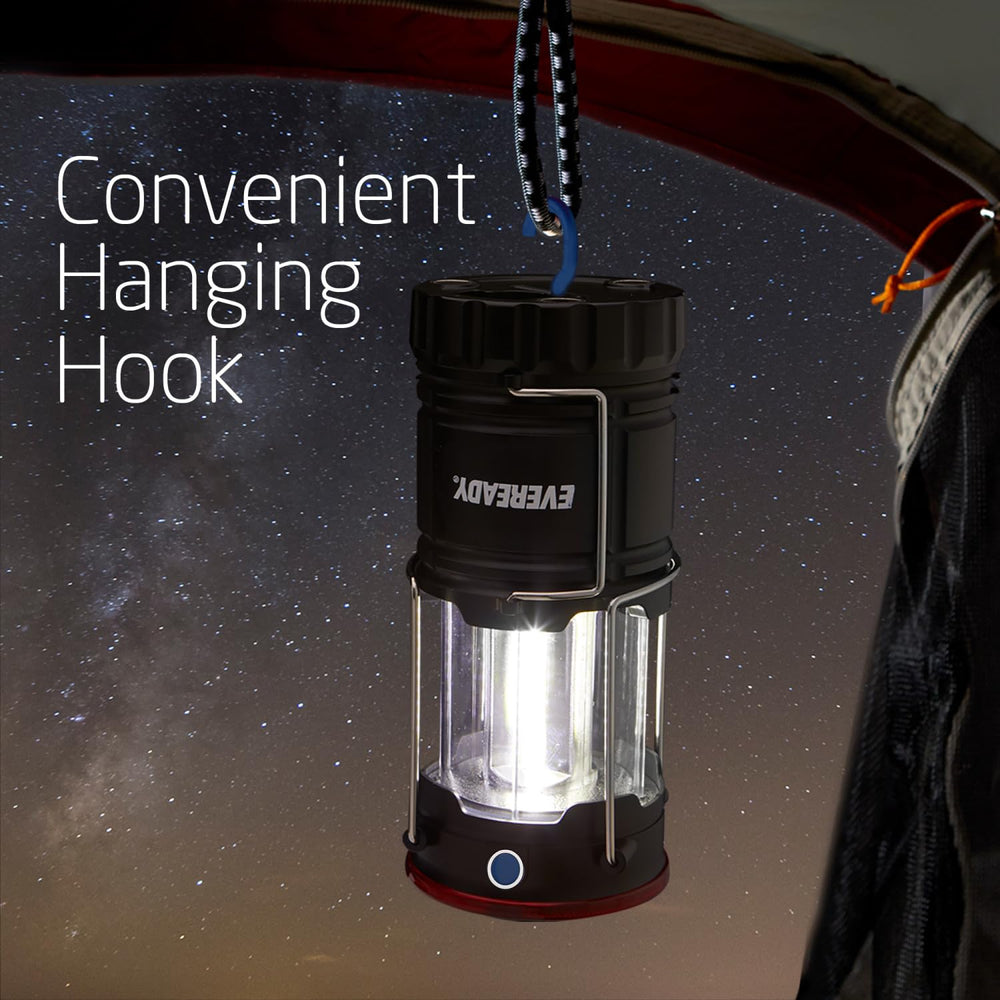 Eveready collapsible lantern projects a wide beam up to 85 meters for outdoor lighting.