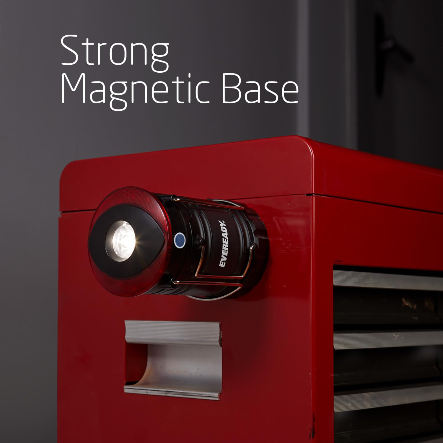 Eveready collapsible lantern features bottom magnet and hook for hands-free placement.