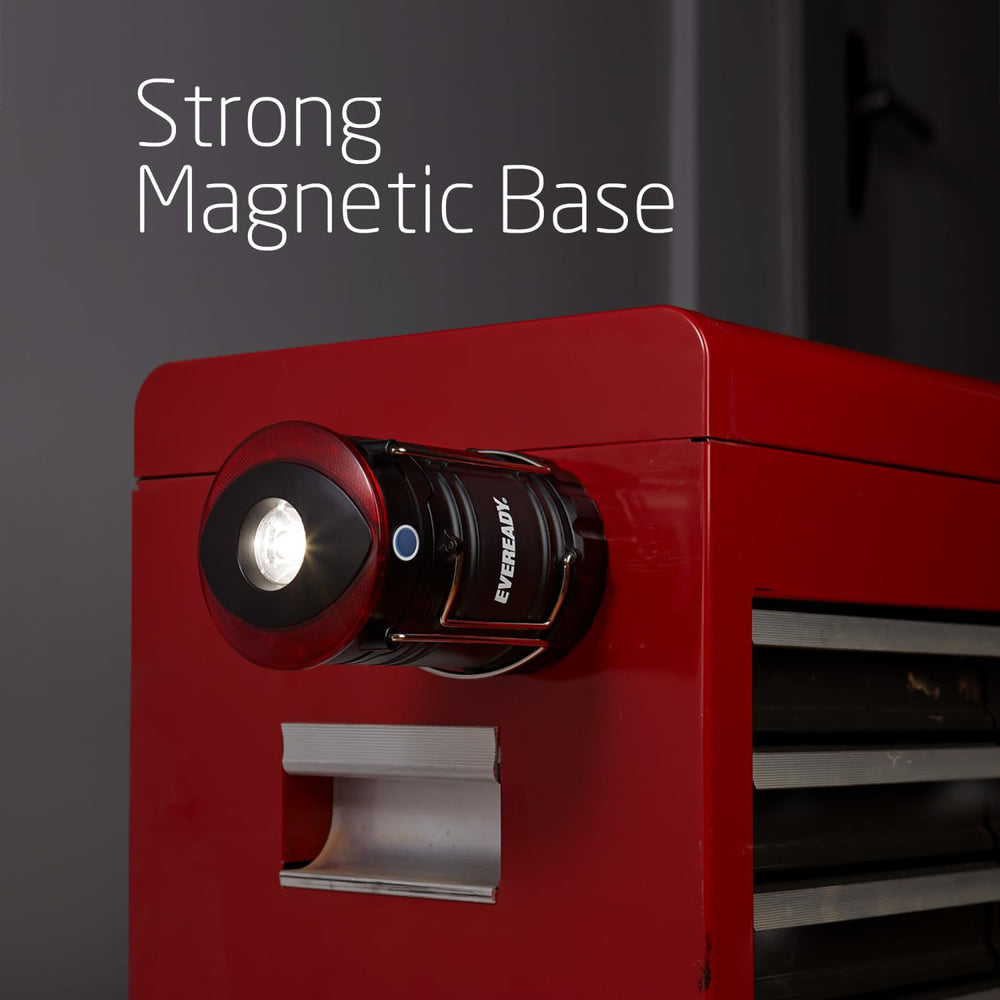Eveready collapsible lantern features bottom magnet and hook for hands-free placement.
