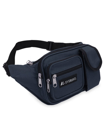 Everest multiple pocket waist pack navy front view showing large capacity and fit