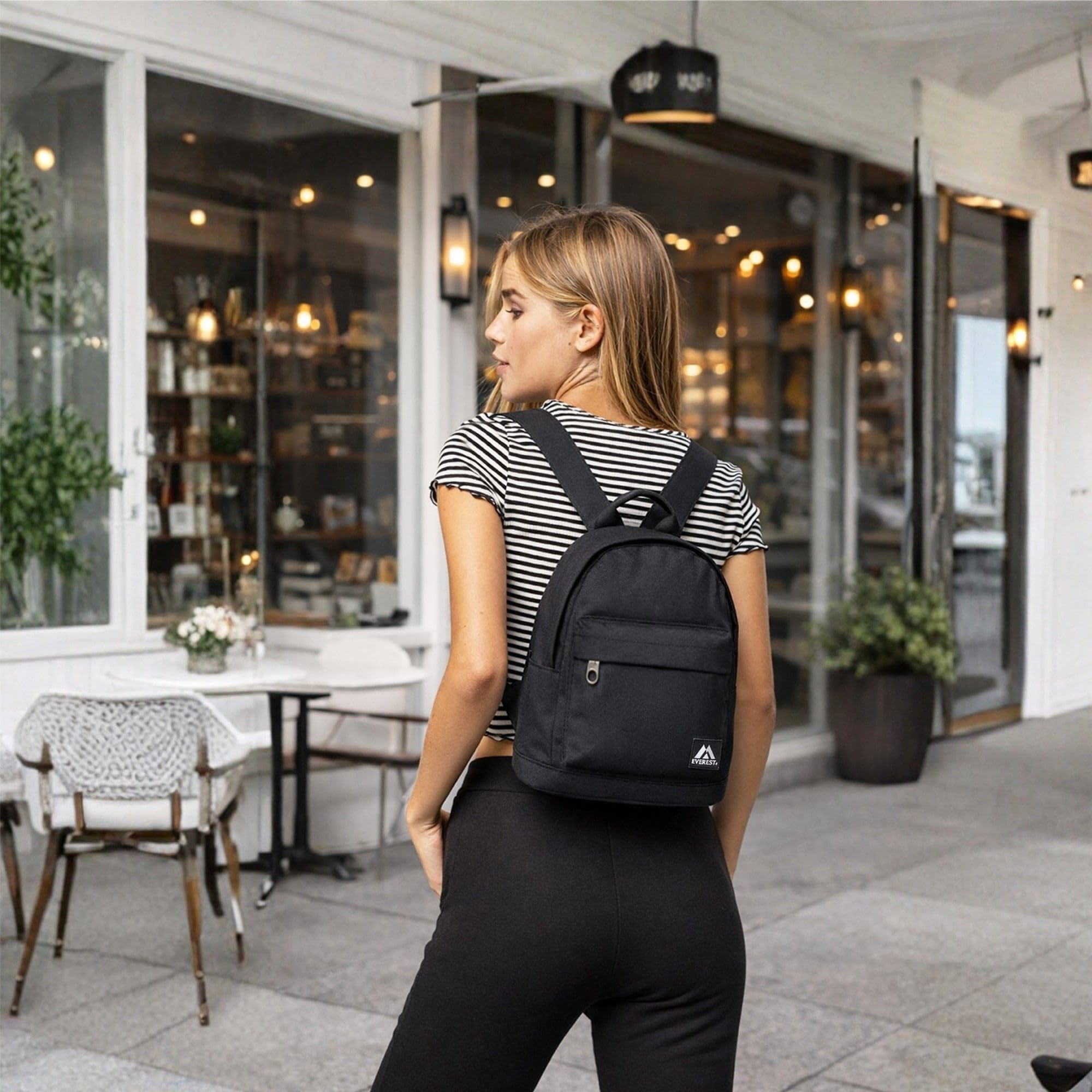 Everest small backpack navy slim fit profile for on the go use