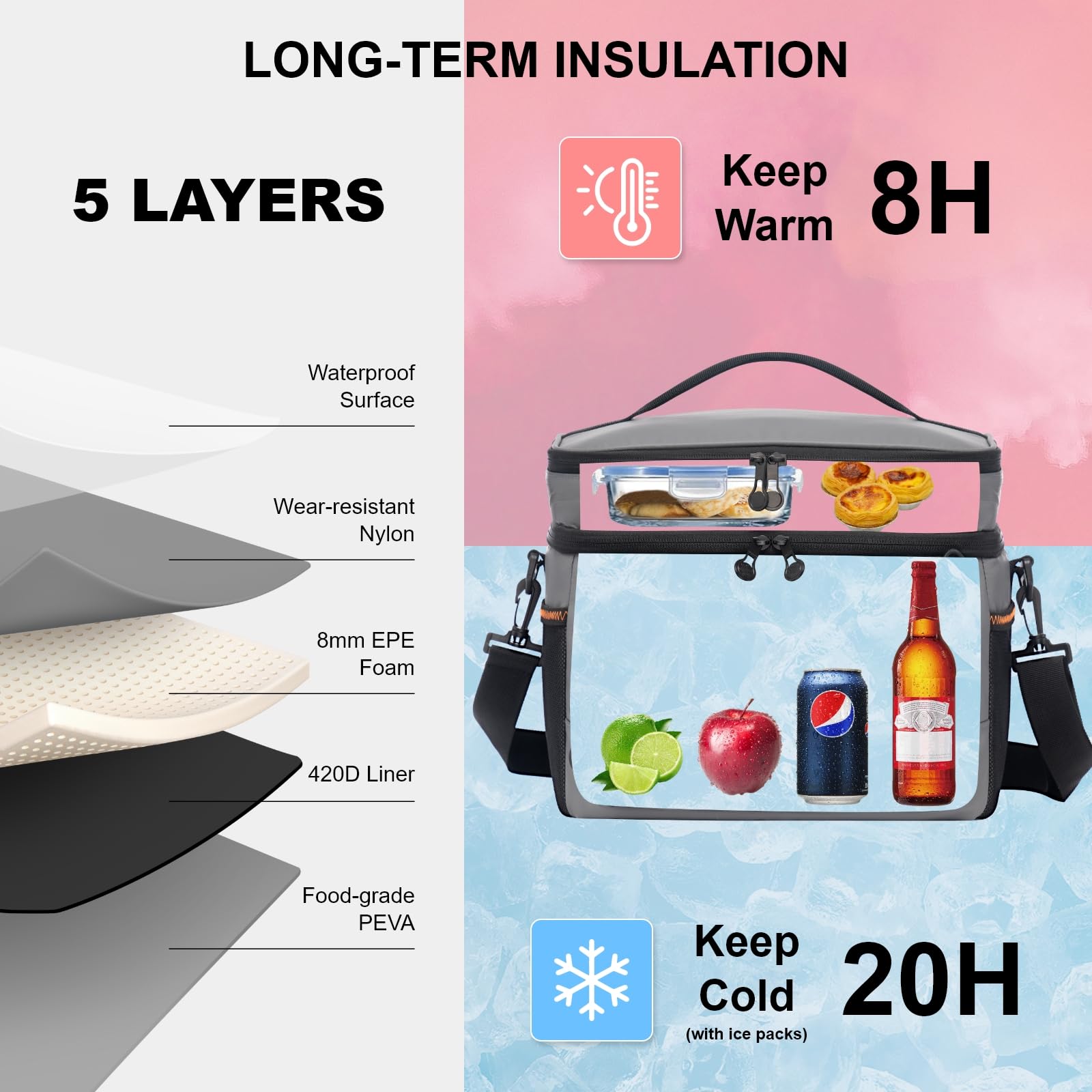 Everfun small lunch box gray open-top reveals organized double-deck cooling design.
