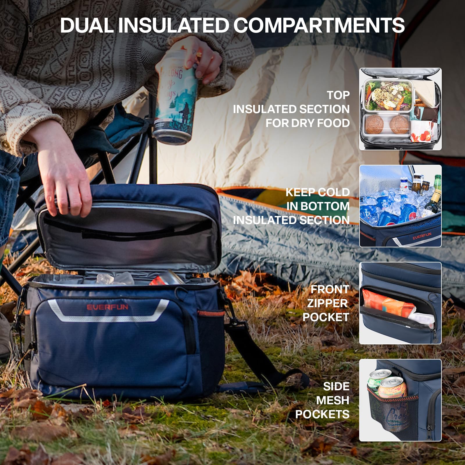 Everfun cooler bag bottom deck fits 18 cans with ice packs for extended cooling