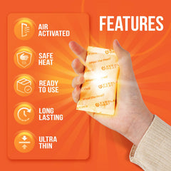 Everlasting Heat hand warmers activation steps show quick air activation for instant warmth.
