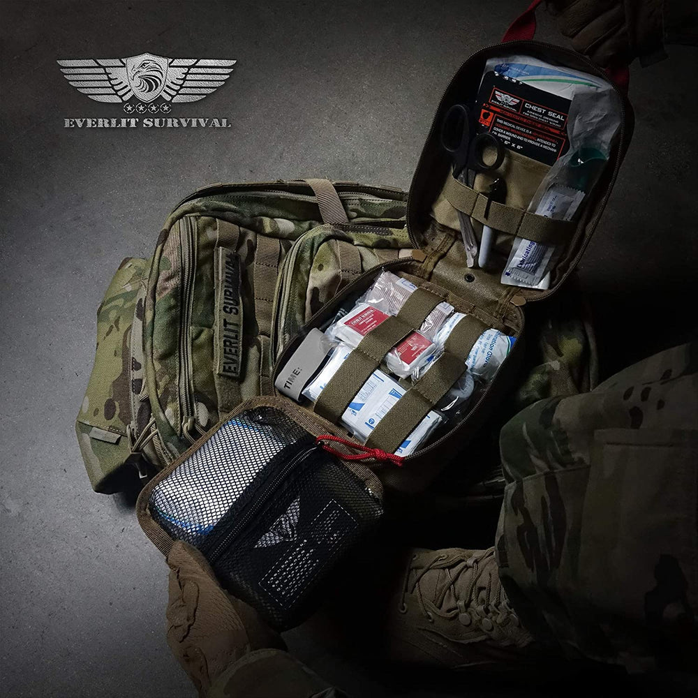 Everlit Advanced Emergency Trauma Kit Chest Seal Application shows chest injury management tools.