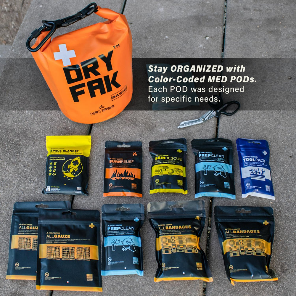 EVERLIT DRY FAK bandage pod organized for rapid care in outdoor settings.