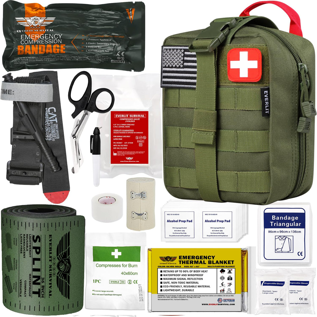 Everlit Emergency Trauma Kit opened, showcasing compact field ready organization for rapid first aid response.