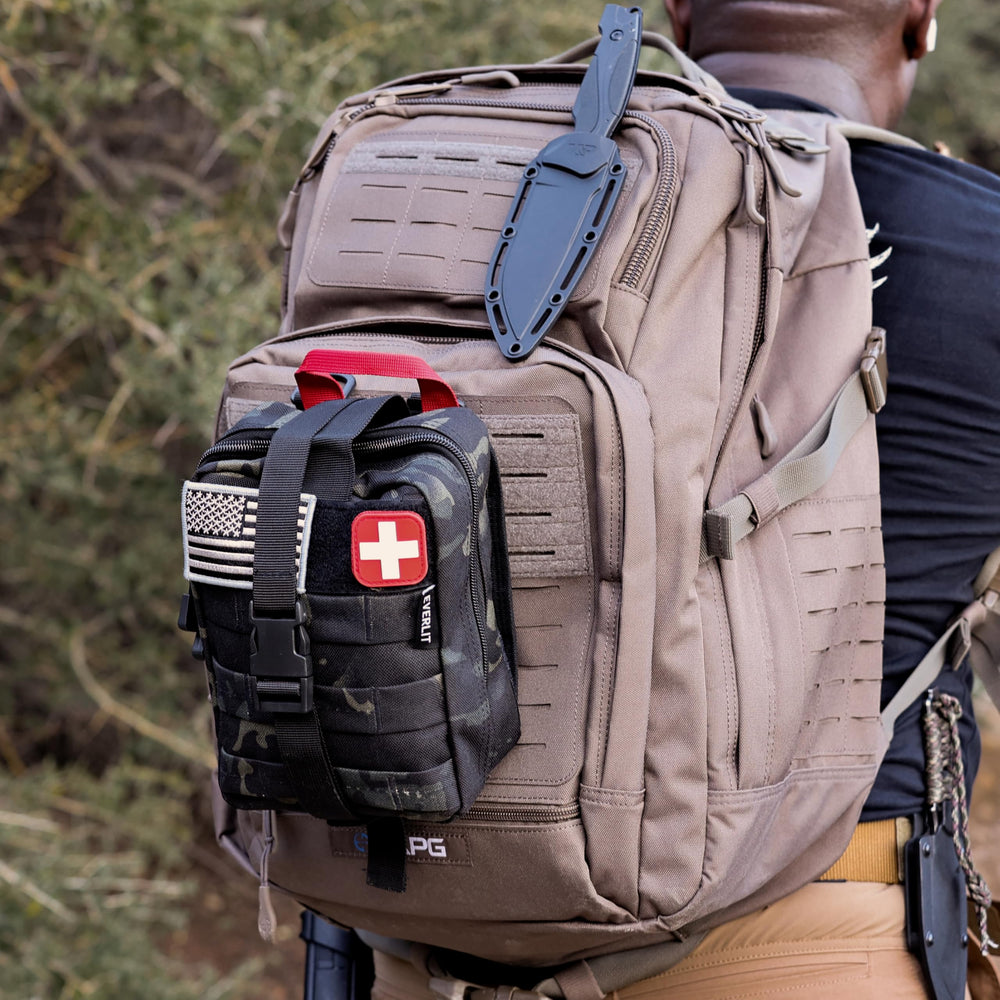 Everlit tactical pressure dressing image shows quick wound compression on the go.