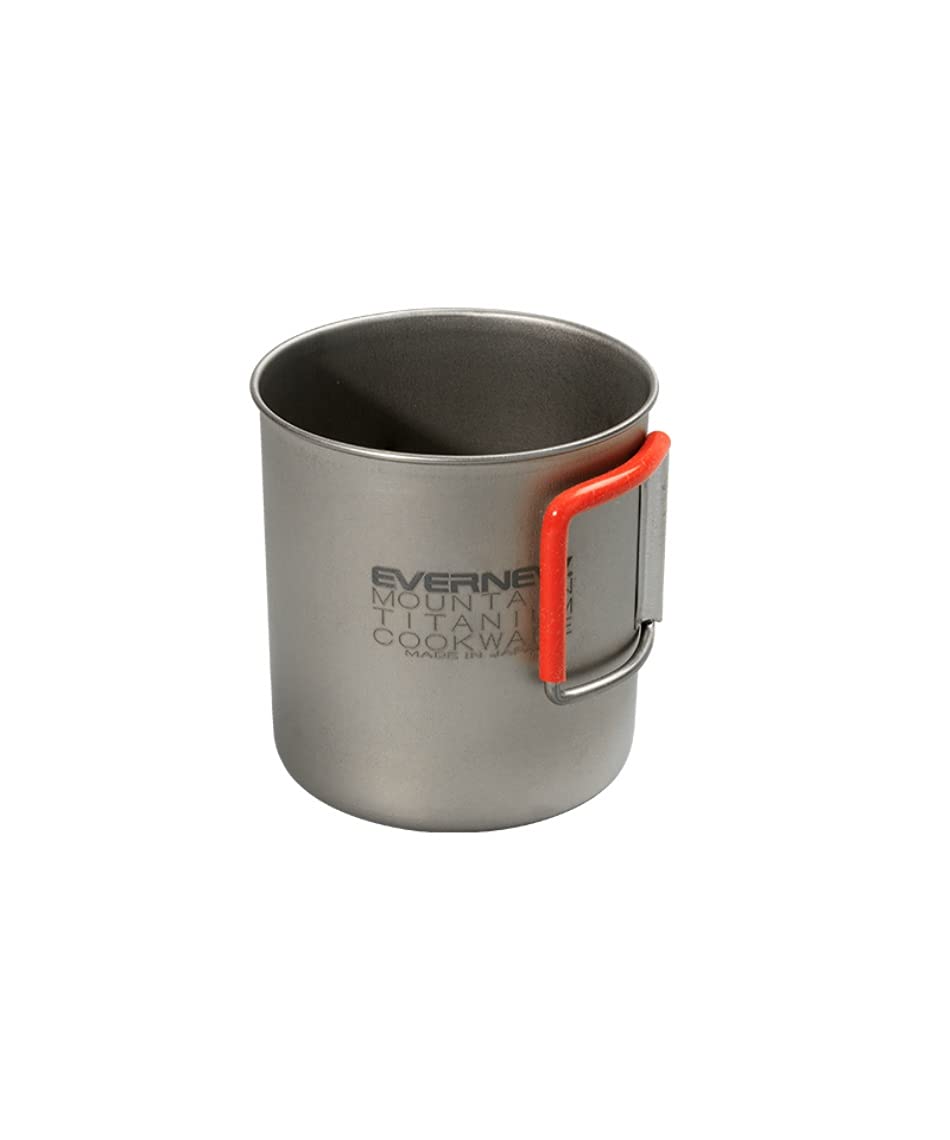 Evernew lightweight titanium mug with folded-handle stowed for easy carry