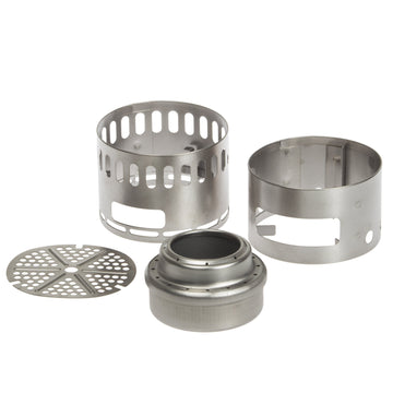 Evernew TI Stove DX Set wind screen engaged for stable flame in breezy conditions.