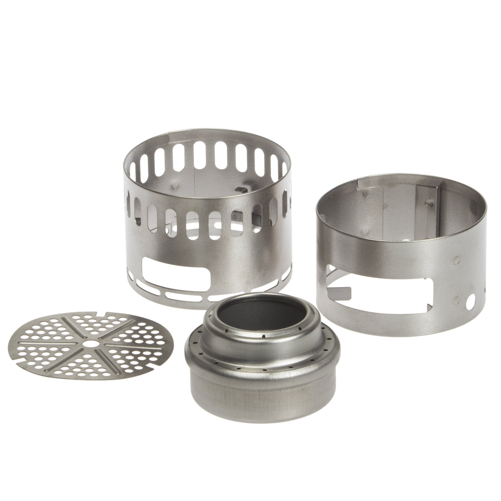Evernew TI Stove DX Set wind screen engaged for stable flame in breezy conditions.