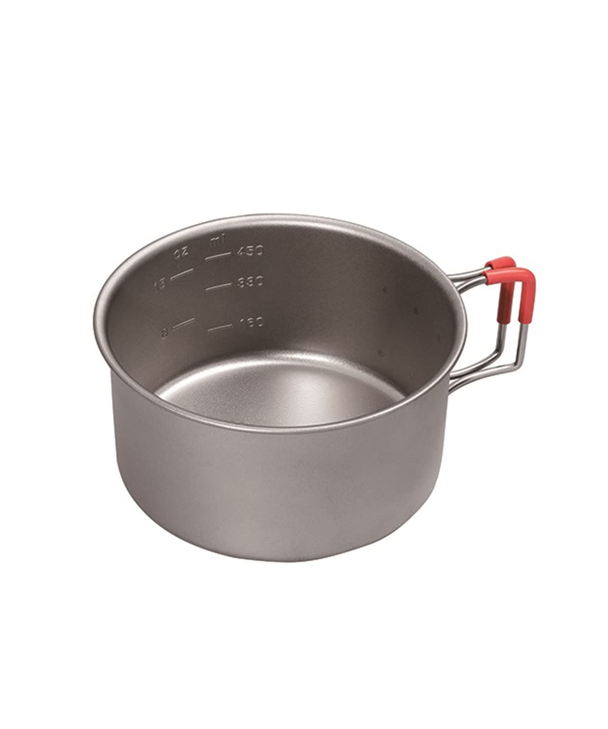 Evernew titanium camping cup with folding handle, ideal for compact, space-saving cooking and hydration on trails.