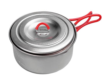 Evernew titanium camping pot with folding handle for ultralight packing on the trail