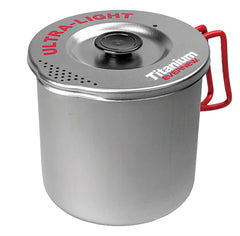 Evernew titanium pasta pot with strainer lid for easy on-trail draining