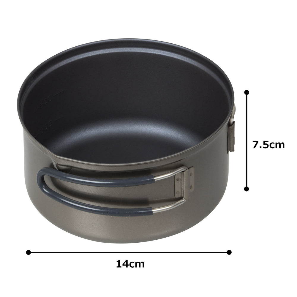 Evernew titanium non-stick pot with insulated handle, perfect for outdoor cooking on trails.