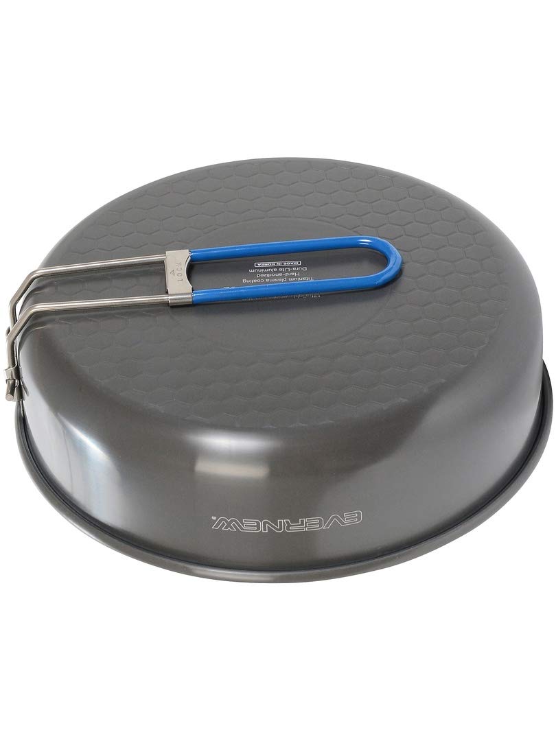 Evernew Ultralight Frying Pan #18 handle close-up highlighting durability of titanium coating.