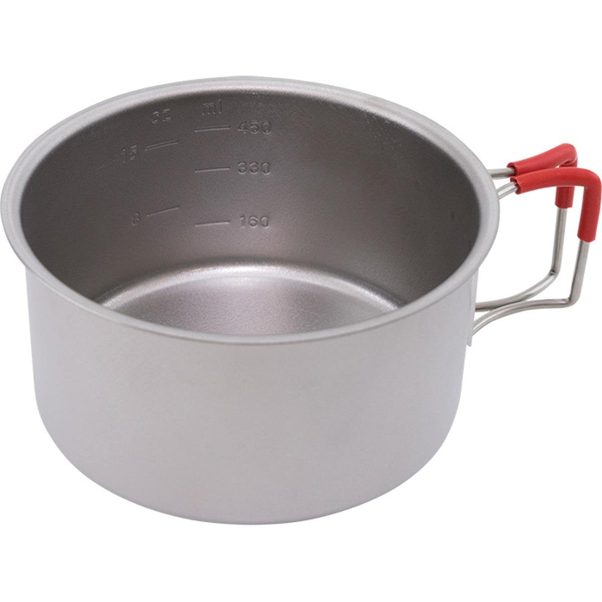 Evernew Ultralight Titanium Cup 570FD folding-handle, ideal for compact camping.