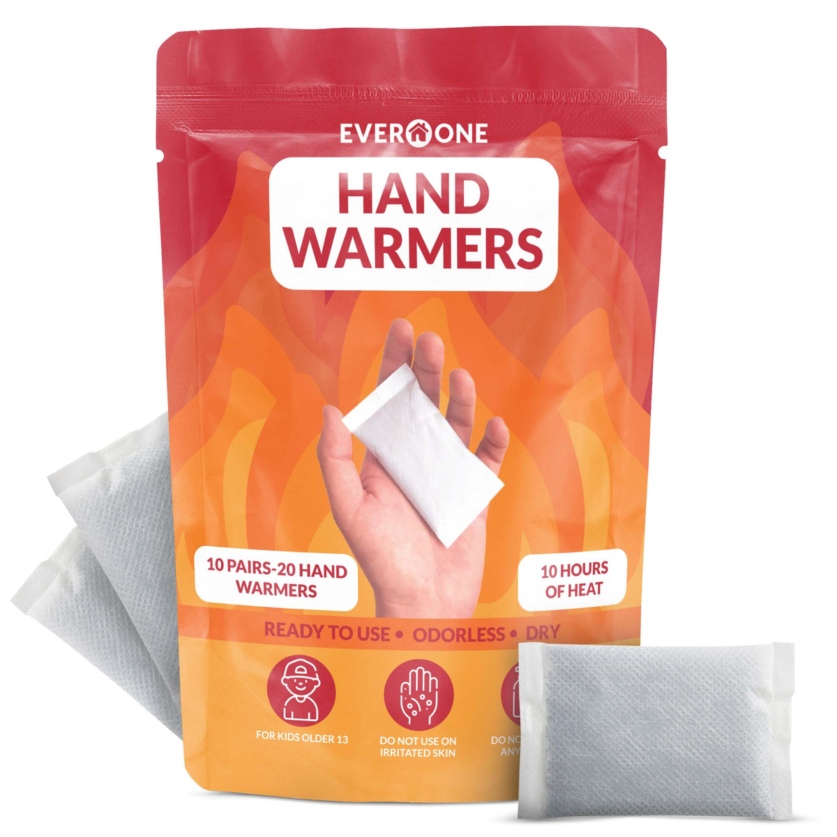 EverOne hand warmers outer box showing long-lasting warmth and convenient packaging.