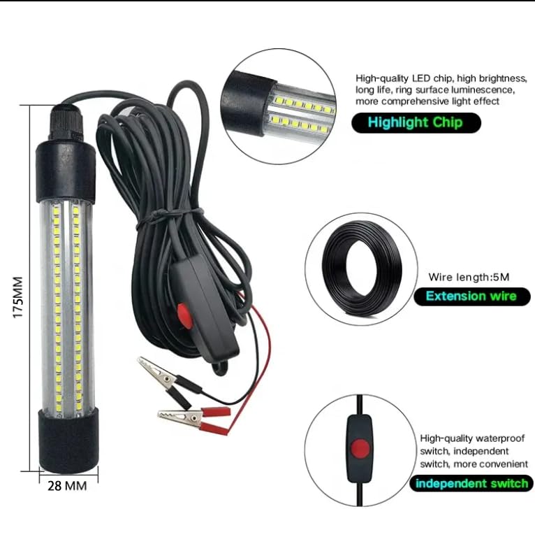 Close-up of 13W underwater fishing light with 5-meter power cord and battery clips