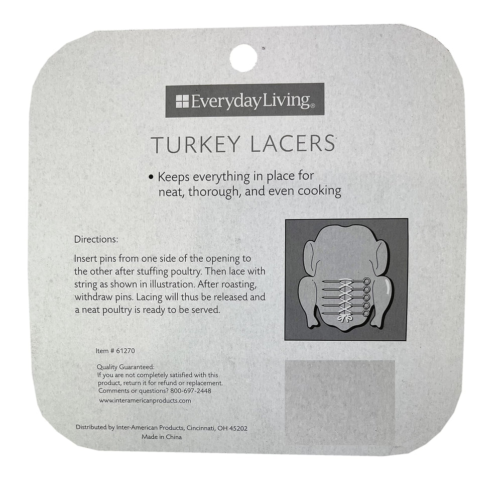 Close-up of Everyday Living Turkey Lacers showing durable metal construction and attached string