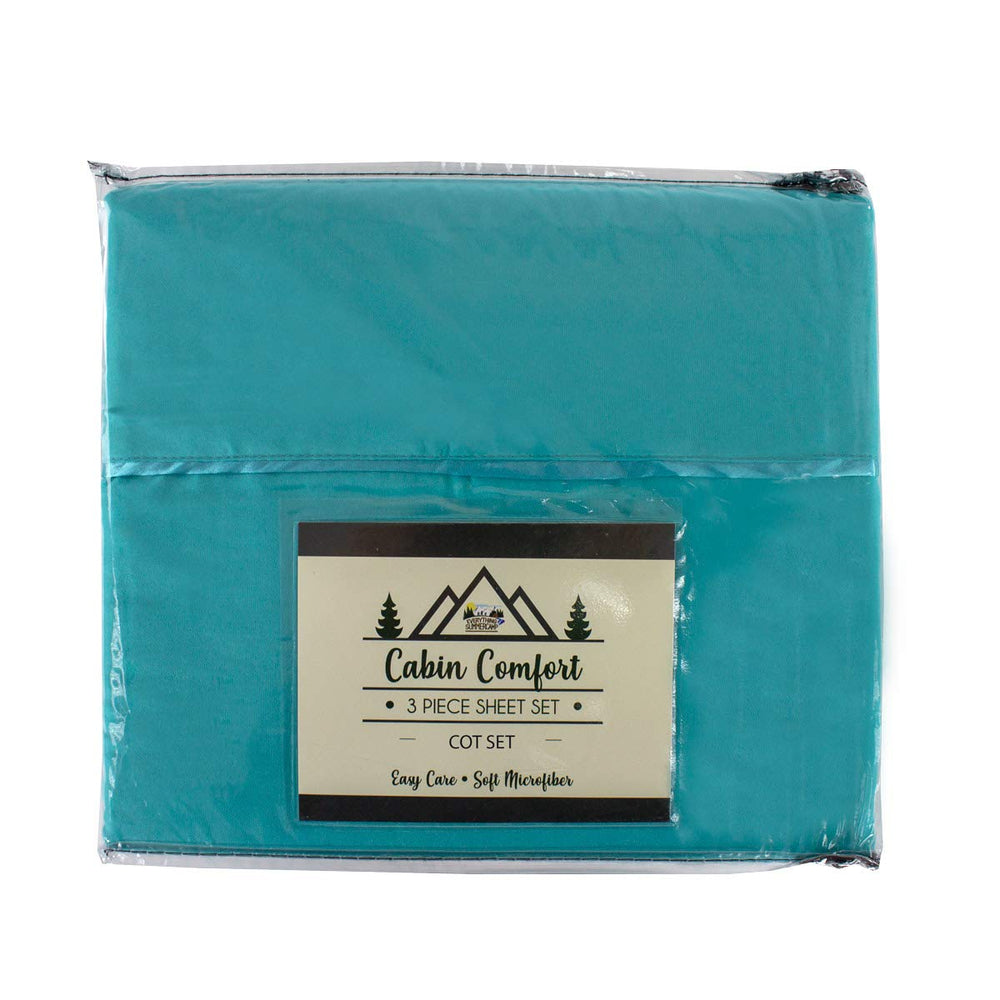 Everything Summer Camp cabin comfort cot sheet teal folded for travel use
