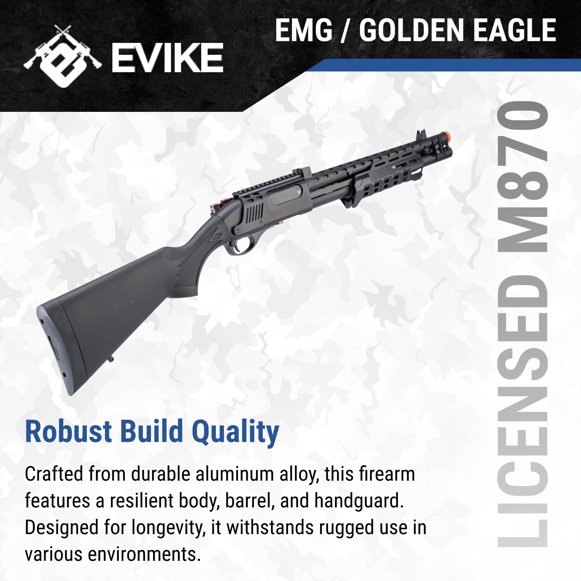 Evike EMG Strike M870 aluminum body delivers durability and authentic heft.