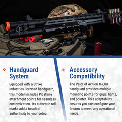 Pump-action mechanism with MLOK H-Guard supports versatile accessory mounting.