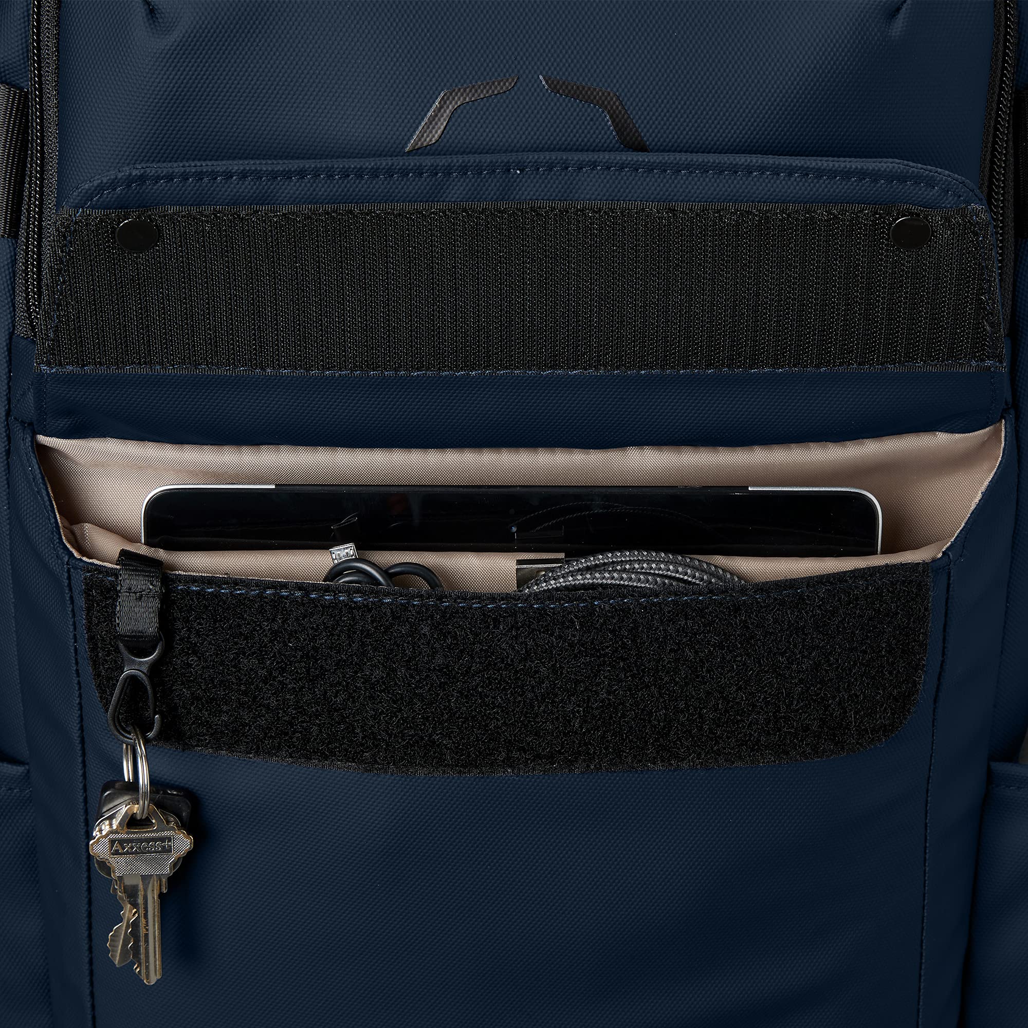 EvoShield Exec Backpack Navy rear luggage loop simplifies travel transitions