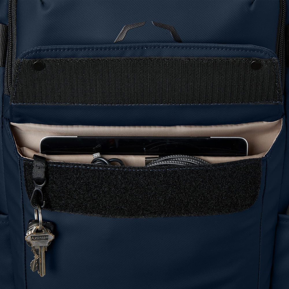EvoShield Exec Backpack Navy rear luggage loop simplifies travel transitions