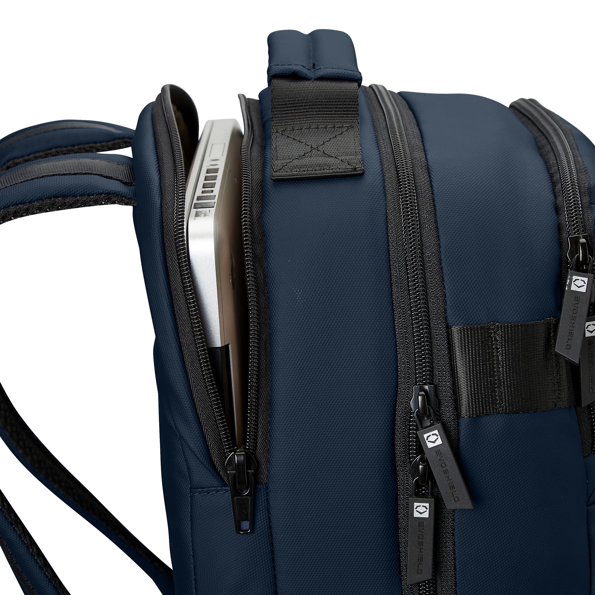 EvoShield Exec Backpack Navy water bottle pocket supports hydration on the move