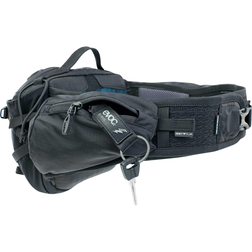 EVOC 3L hip bag in use on bike with back-friendly 3D mesh