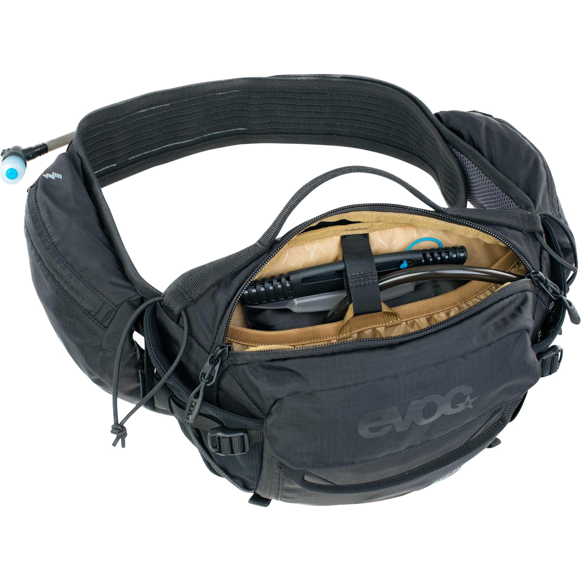 EVOC bottle cage integrated for easy hydration on trails